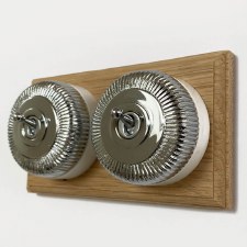 Reeded Round Dolly Light Switch on Oak Base Polished Chrome 2 Gang