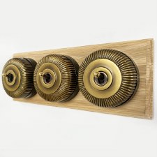 Reeded Round Dolly Light Switch 3 Gang on Oak Base Antique Satin Brass Black