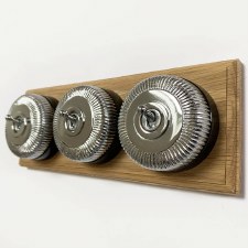 Reeded Round Dolly Light Switch 3 Gang on Oak Base Polished Chrome Black Reeded Round Dolly Light Switch 3 Gang on Oak Base Polished Chrome Black