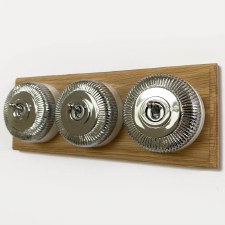 Reeded Round Dolly Light Switch 3 Gang on Oak Base Polished Chrome White