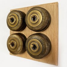 Reeded Round Dolly Light Switch 4 Gang on Oak Base Antique Satin Brass Black