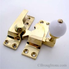 Large Sash Fastener White Knob Polished Brass Unlacquered