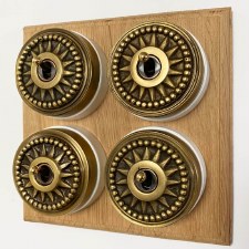 Star Round Dolly Light Switch 4 Gang on Wooden Base Antique Satin Brass White