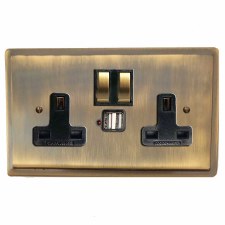 Mode Switched Socket 2 Gang USB Antique Brass Lacquered