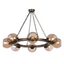 David Hunt Zeus 8 Light Cartweel Pendant Antique Brass & Amber Glass