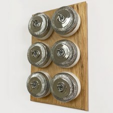 Additional picture of Reeded Round Dolly Light Switch on Oak Base Polished Chrome 6 Gang
