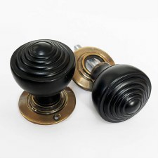 Additional picture of Edwardian Ebonized Wooden Door Knobs Renovated Brass Rose