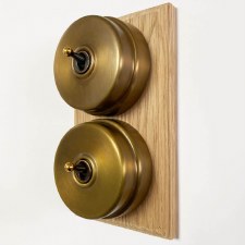 Additional picture of Citadel Dolly Switch on Wooden Base 2 Gang Antique Satin Brass