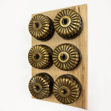 Additional picture of Fluted Round Dolly Light Switch on Wooden Base Antique Satin Brass 6 Gang