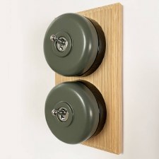 Additional picture of Round Dolly Light Switch 2 Gang Light Grey on Oak Pattress with Black Mounts