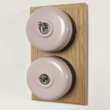 Additional picture of Round Dolly Light Switch 2 Gang Lilac on Oak Pattress with Black Mounts