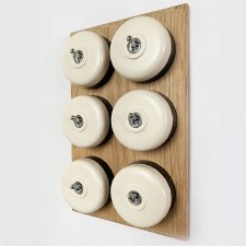 Additional picture of Round Dolly Light Switch 6 Gang White on Oak Pattress with Black Mounts