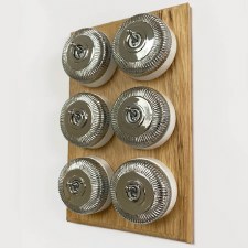Additional picture of Reeded Round Dolly Light Switch on Oak Base Polished Chrome 6 Gang