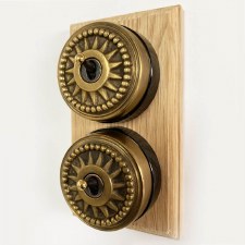 Additional picture of Star Round Dolly Light Switch on Wooden Base Antique Satin Brass 2 Gang
