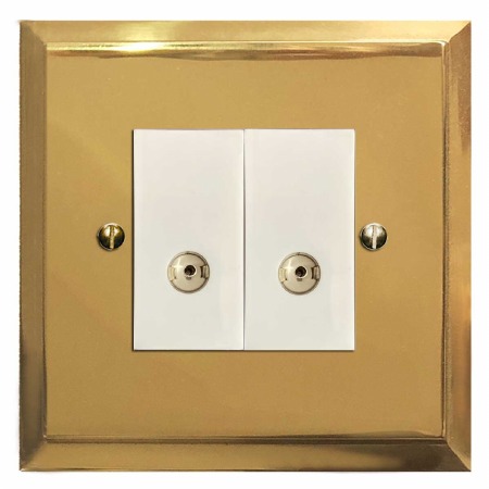 Mode TV Socket Outlet 2 Gang Polished Brass Lacquered & White Trim