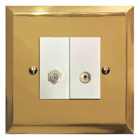 Mode Satellite & TV Socket Outlet Polished Brass Lacquered & White Trim