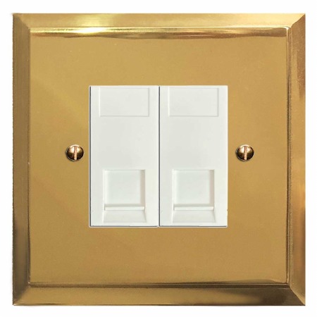 Mode RJ45 Socket 2 Gang CAT 5 Polished Brass Lacquered & White Trim