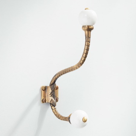 Hat & Coat Hook Antique Satin Brass & Porcelain