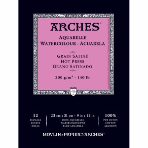 Arches 140lb Hot Press Watercolor Pad 9x12, 12 Sheets