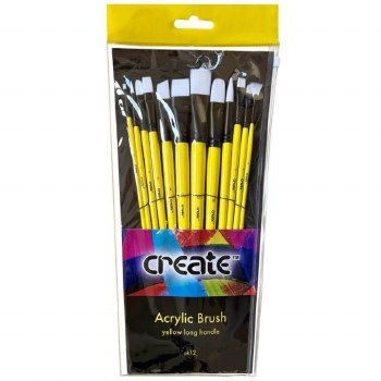 Create Yellow Long Handle Acrylic Brush Set of 12