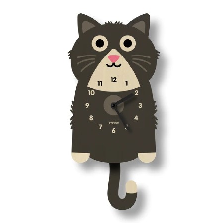 Pendulum Clock Wood Kitten Black