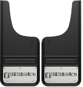 Gatorback GA1226CUTF250-2 Ford F-250 Heavy Duty Mud Flaps – 12" x 26" CUT Front Fit offer durable, premium virgin rubber protection with a formed 304 stainless steel Ford logo plate.