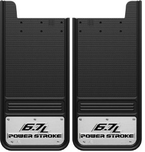 Gatorback GA1226P-2 universal 12x26 Ford 6.7L Power Stroke mud flaps, heavy-duty rubber, stainless steel plate, aluminum screws, Ford licensed, made in Canada.