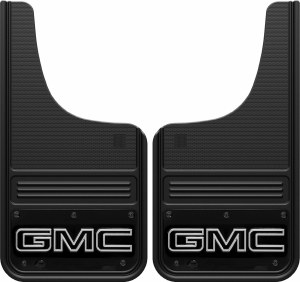 Gatorback GB1223CUTGW-2 GMC Black Wrap front mud flaps 12x23" cut, premium rubber with 304 stainless steel plate, GM licensed, stainless hardware included, made in Canada.
