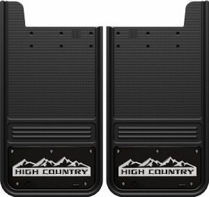 Rear Mud Flaps High Country Logo -black background 12"x23"