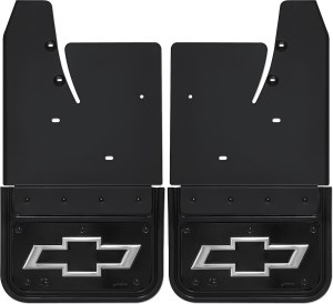 Front Mud Flaps 2014 - 2015 Chevy Silverado 1500/2500/3500 5/8" No Drill Bowtie Black Wrap PC-Black  12"x11"