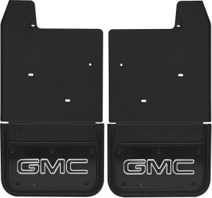 Front Mud Flaps 2014 - 2015 GMC Sierra 1500/2500/3500 5/8" Offset No Drill GMC Black Wrap PC-Black 12"x11"