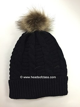 Cable Knit Hat With Fur Pompom