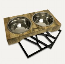 3 in 1 Adjustable Height Mango Wood Feeder with Double Stainless Steel Bowls