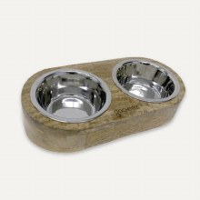 Inclined Mango Wood Feeder with Double Stainless Steel Bowls