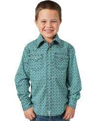 Boys Green Pattern Snap L/S 2 Pocket XS