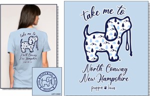 Puppie Love NH Icons Pup North Conway, New Hampshire Adult Tee S Light Blue