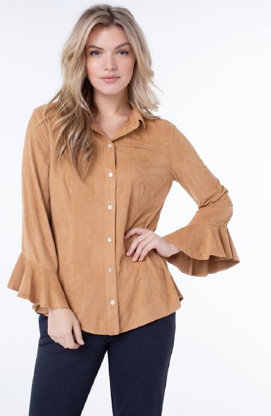 Liverpool Button Front Flounce Sleeve Shirt