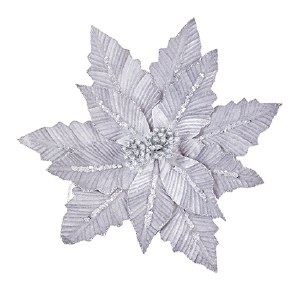 Silver Velvet Poinsettia with Glitter Clip On 31cm