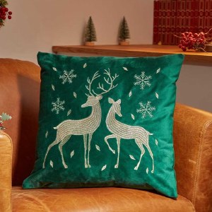 Velvet Reindeer Cushion - Emerald