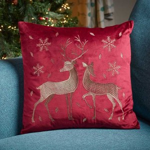 Velvet Reindeer Cushion - Red