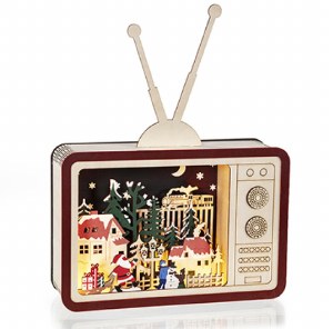 Wooden Vintage TV with Village Winter Scene