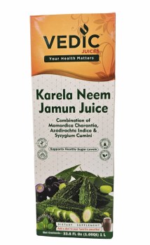 VEDIC JUICES KARELA NEEM JAMUN JUICE COMBINATION OF MOMORDICA CHARANTIA, AZADIRACHTA INDICA AND SYZYGIUM CUMINI (DIETARY SUPPLEMENT) 1L (33.8 FL OZ)