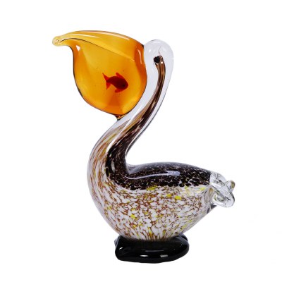 7" Amber Glass Pelican with Fish Figurine