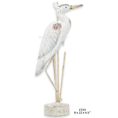 22" Medium White and Blue Wooden Heron Sculpture on Stand