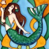 6" Square Green Mermaid and Starfish Ceramic Tile