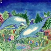 8" Square Multicolor Dolphin Duo in Seascape Ceramic Tile