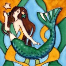 8" Square Green Mermaid and Starfish Ceramic Tile