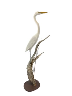 Large White Polyresin Heron on Driftwood