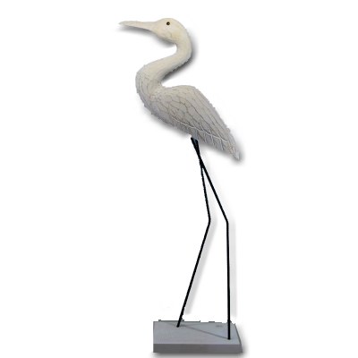 30" White Carved Egret on Wood Base