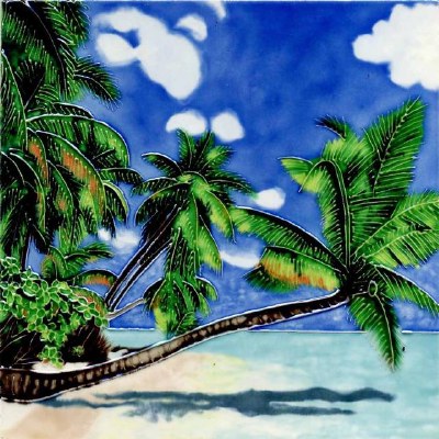 8" Square Green Tropical Beach Palm Over Water Ceramic Tile